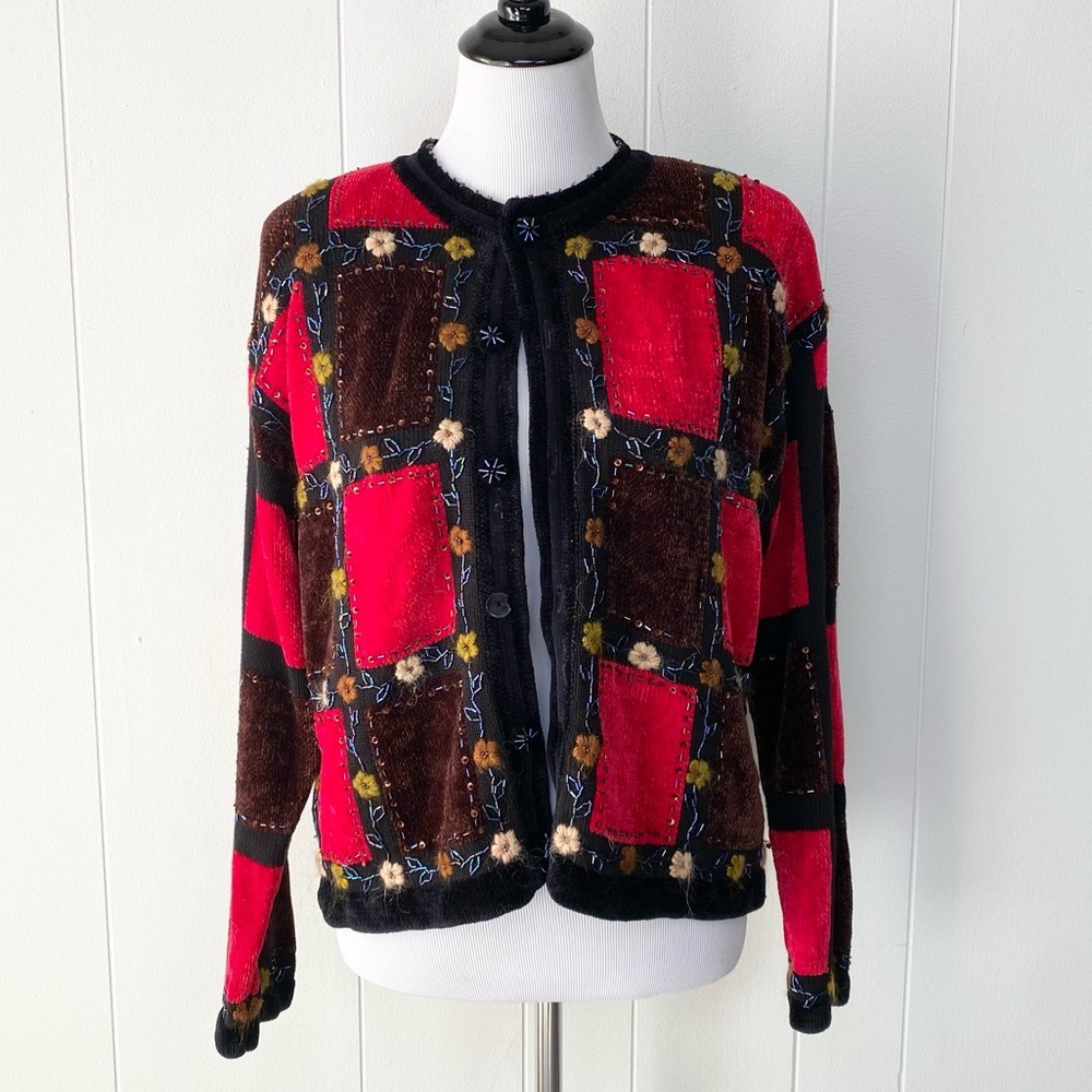 Just B Woman's Beaded Embroidered Chenille Patchwork Look Cardigan Sweater Sz M